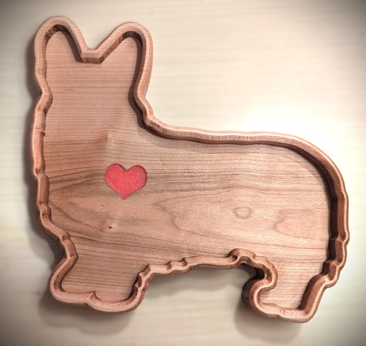 Corgi Catchall Tray with heart-shaped pink glitter resin. Made from premium Appalachian cherry wood in Asheville, NC.