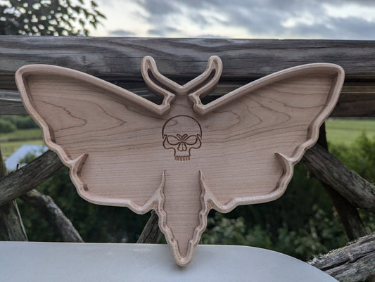 Death Moth Wood Catchall Tray, made from premium Appalachian cherry wood in Asheville, NC. Gothic rustic decor.
