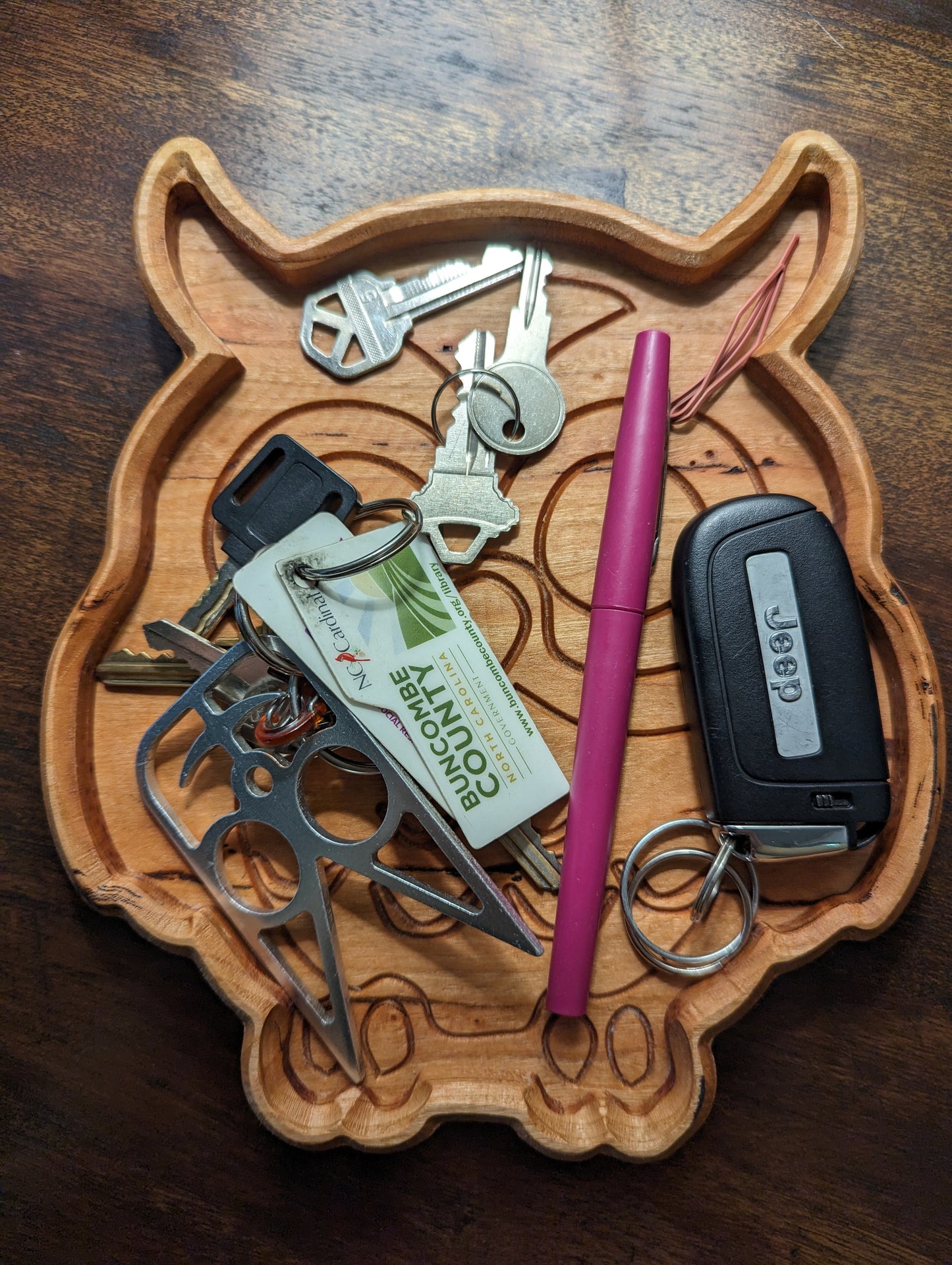 Handcrafted owl catchall tray made in Asheville, perfect for organizing small items including keys, pens, coins, and jewelry. Gift for nature lover