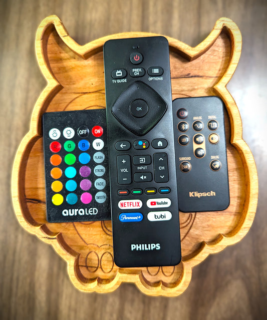 Handcrafted owl catchall tray made in Asheville, perfect for organizing small items including remotes and household items. Gift for mountain decor lover.