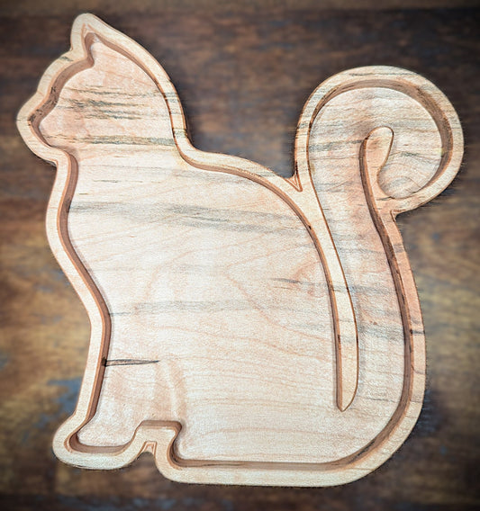 Cat Catchall Tray in the shape of a cat crafted from premium Appalachian curly maple wood in Asheville, NC. Perfect for jewelry tray, coin dish, keys, tobacco, or other small items.