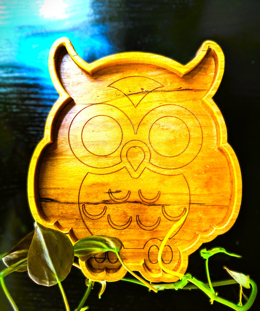 Handcrafted owl catchall valet jewelry tray made in Asheville NC with native Appalachian maple wood, perfect for organizing small items. Unique artisanal woodwork from the Appalachian region
