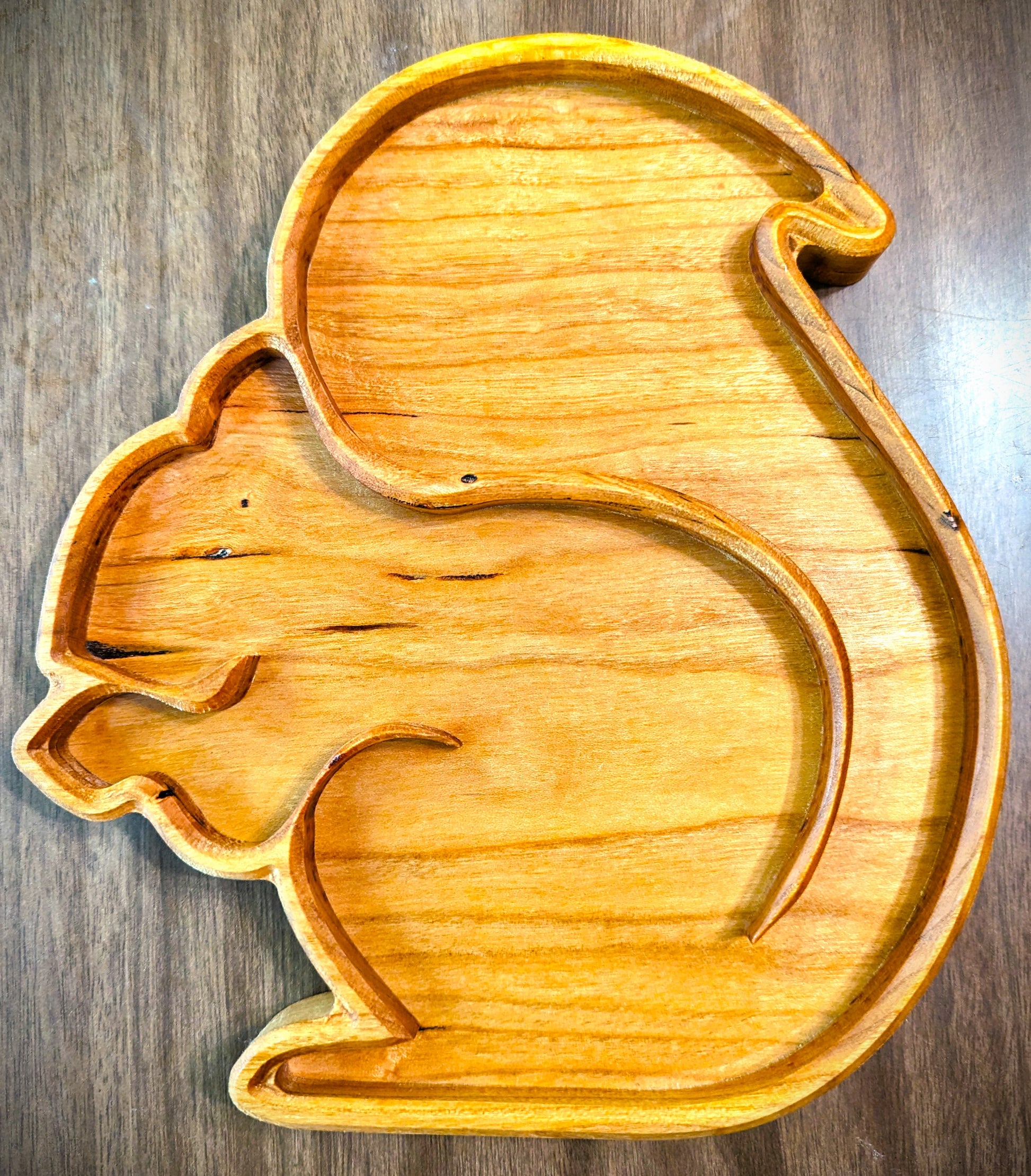 Handcrafted squirrel catchall valet jewelry tray made from warm maple wood with beautiful wood grain. Made in Asheville, NC.