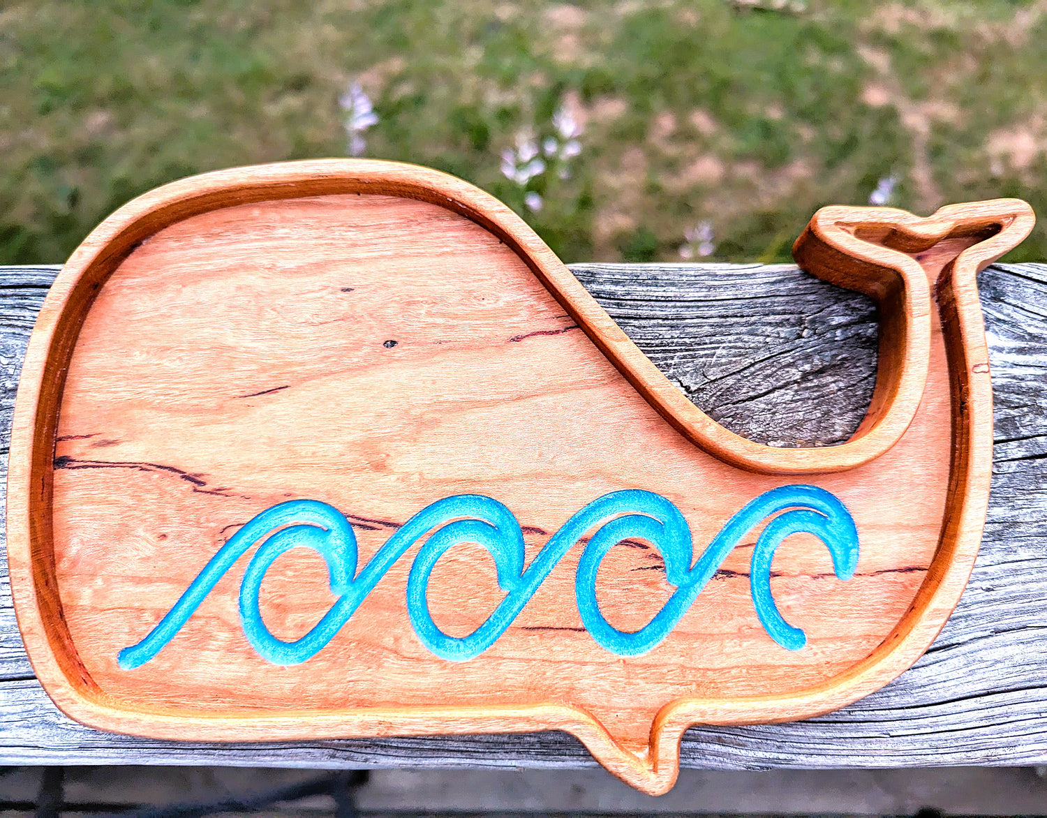Whale-Shaped Catchall Tray, crafted from native Appalachian wormy maple wood in Asheville, NC with blue glitter sparkle resin waves.