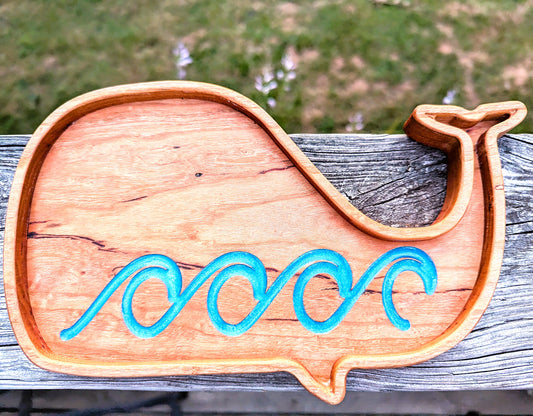 Whale-Shaped Catchall Tray, crafted from native Appalachian wormy maple wood in Asheville, NC with blue glitter sparkle resin waves.